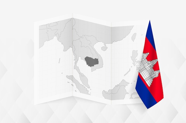 A grayscale map of Cambodia with a hanging Cambodian flag on one side
