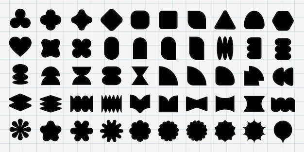A grid of abstract black shapes including circles squares and triangles Various geometric shapes on a grid Abstract shapes in a grid pattern Black shapes vector element set