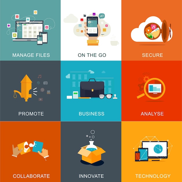 A grid of Business and management concepts