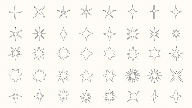 A grid of star shapes and starburst designs Star shapes vary in style and size Starburst patterns repeat in different forms Simple star and starburst icons Element vector set