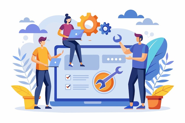 A group of people collaborating on a computer working on code and fixing errors on a website technicians fix errors on the website Simple and minimalist flat Vector Illustration