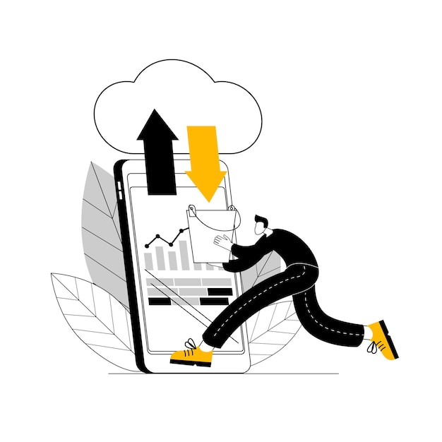 A hacker with a bucket collects data when downloading and exchanging with a cloud server.