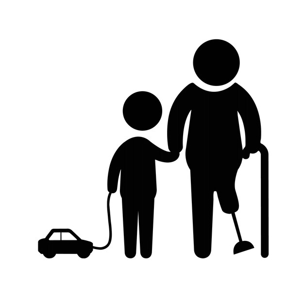 a kid is helping the disabled person denoting an icon for disability help simple editable vector
