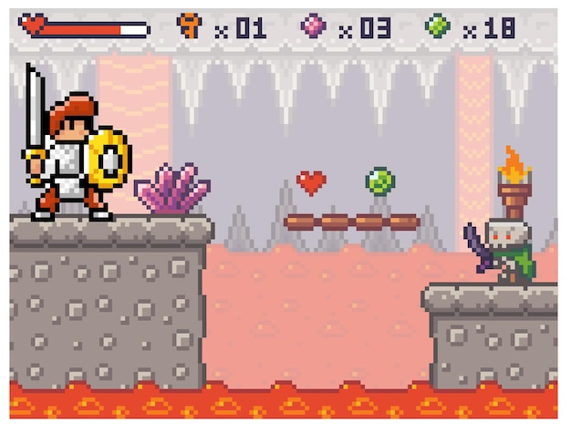 A knight in armor walks along a platform above the lava