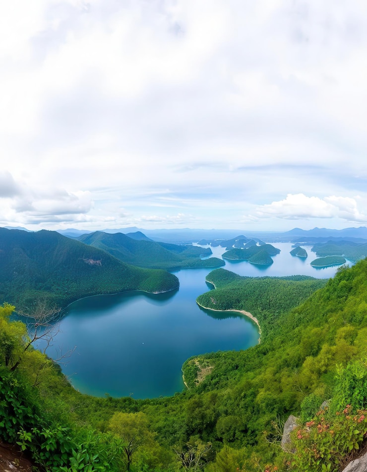 Vector a lake with a mountain in the background and a mountain in the background