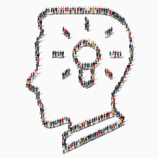 A large group of people in the shape of the head, light, idea, icon. 