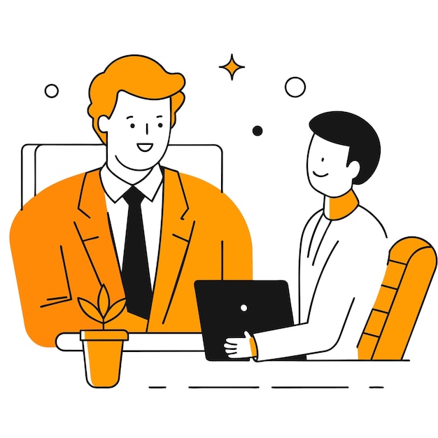 a man and a woman are sitting at a desk with a laptop and a sign that says the word