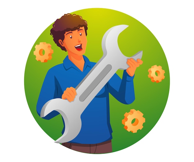 a man carrying a wrench