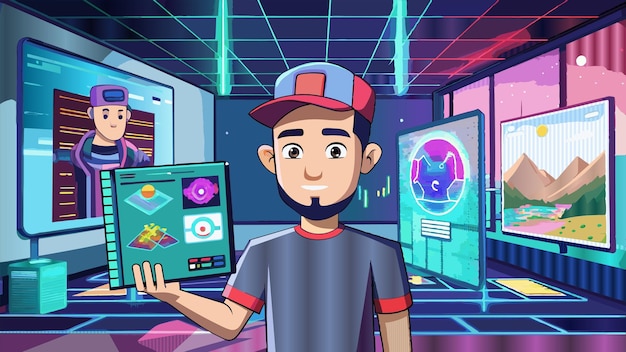 a man holding a tablet with a computer on it