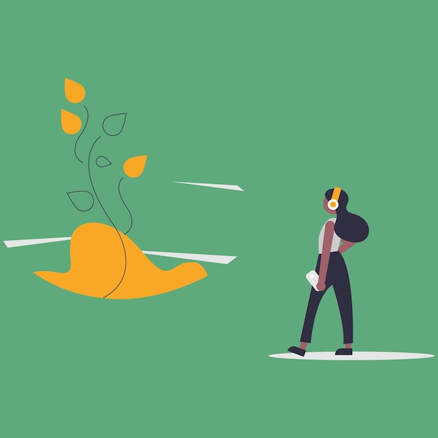 A man in a suit and headphones stands in front of a leaf blowing in the wind.