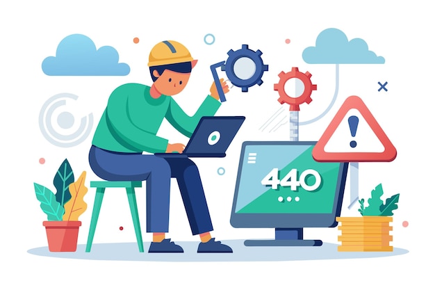 A man is seated on a stool while actively using a laptop computer Technician fixing error 404 no connection Simple and minimalist flat Vector Illustration
