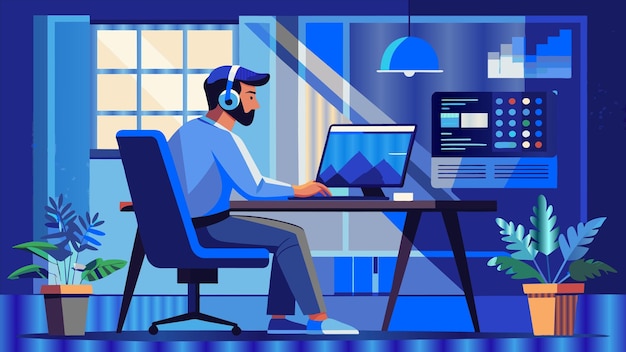 a man is sitting at a desk with a computer and a monitor with a blue light