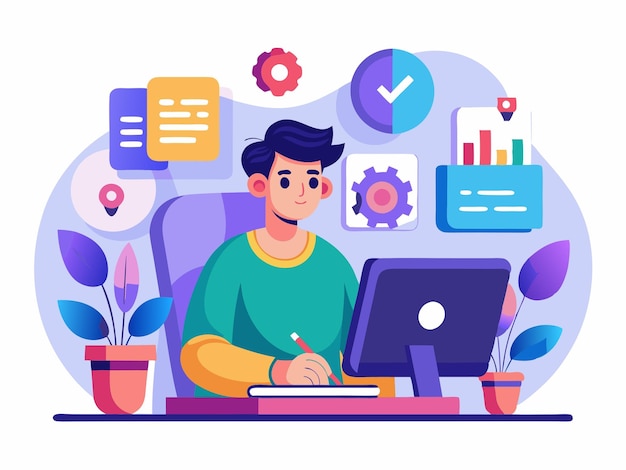 a man is working at a computer with a picture of a man working on his computer