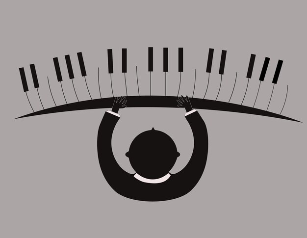 a man playing a keyboard on a gray background.