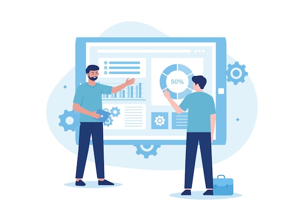 A man presenting growth charts trending flat illustration