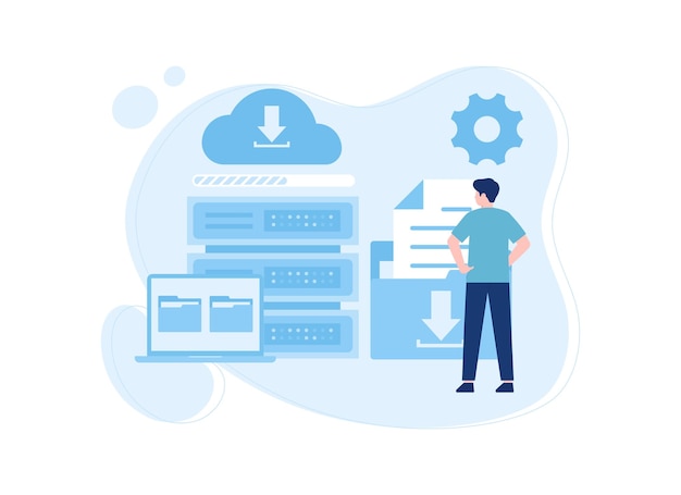 a man saving documents and folders to a laptop trending concept flat illustration