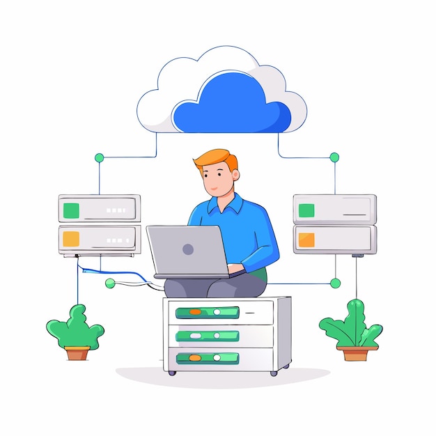 a man sits at a desk with a laptop and a cloud in the background