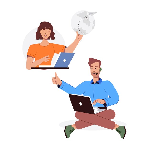 a man sits with a laptop and a globe on his lap