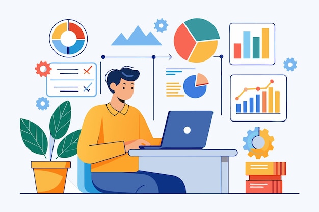A man sitting at a desk focused on working on his laptop analyzing digital data charts and graphs Worker analyzing digital data charts and graphs Simple and minimalist flat Vector Illustration