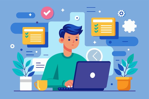 a man sitting in front of a laptop computer focused on solving problems and errors solving problems with computer errors simple and minimalist flat vector illustration