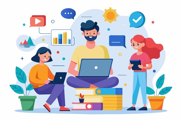 A man sitting on a stack of books while working on a laptop computer people are searching the internet Simple and minimalist flat Vector Illustration