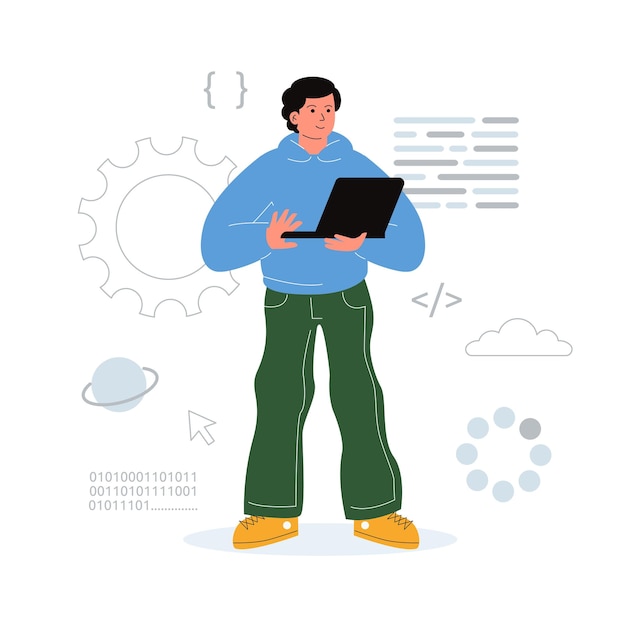 A man stands and holds a laptop in his hands