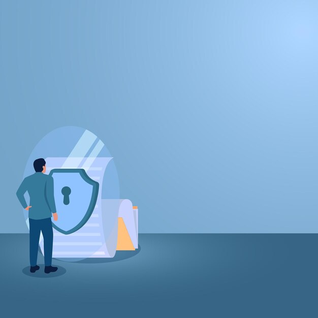 a man stands in front of a security shield of files coming out of a folder an illustration for data security file protection privacy