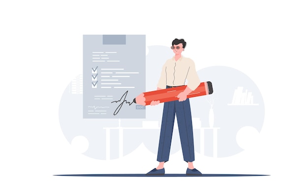 a man stands in full growth signs a contract partnership element for presentation vector illustration