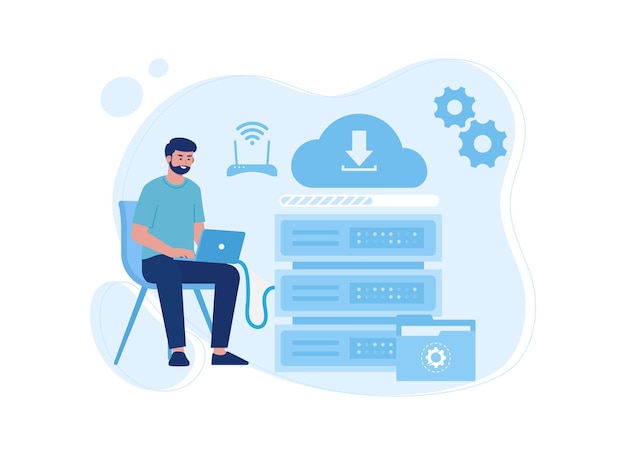 a man transfers laptop data to cloud storage hosting concept flat illustration