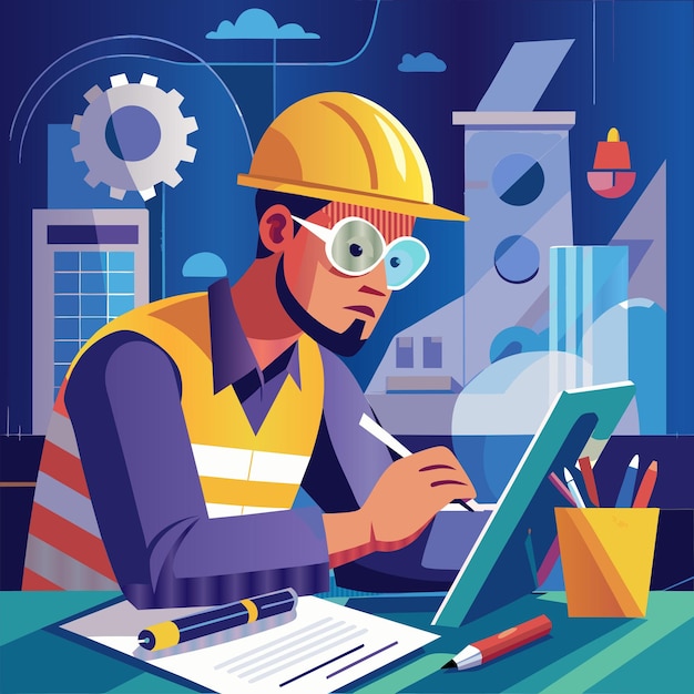 a man working on a laptop with a yellow hard hat on