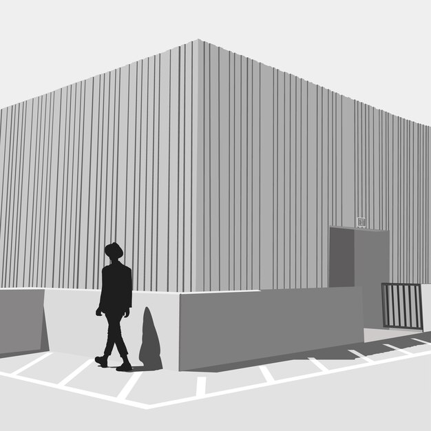 a mans silhouette walking in front of a building