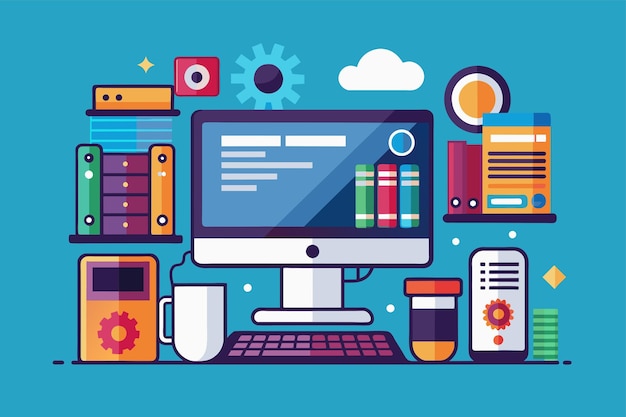 A modern desktop computer sits on top of a desk in an office setting Modern desktop computer Customizable Flat Illustration