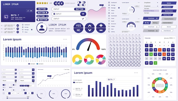 A modern interface kit with buttons graphs and elements for creating web applications and dashboards ideal for business statistics and finance