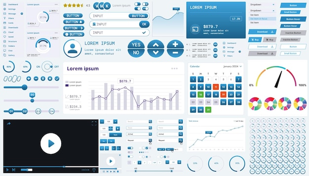 A modern interface kit with buttons graphs and elements for creating web applications and dashboards ideal for business statistics and finance