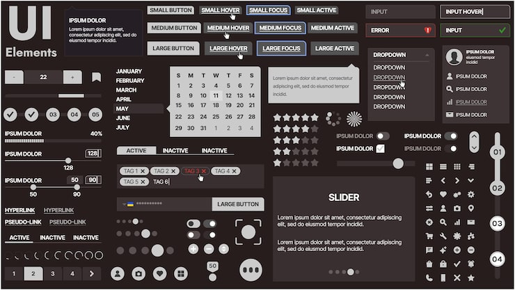 Vector a modern ui kit featuring a collection of buttons icons navigation menus and responsive design elements includes login forms media players search bars and calendars ideal for apps websites