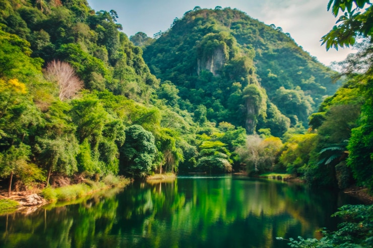 Vector a mountain with a lake and trees on the side