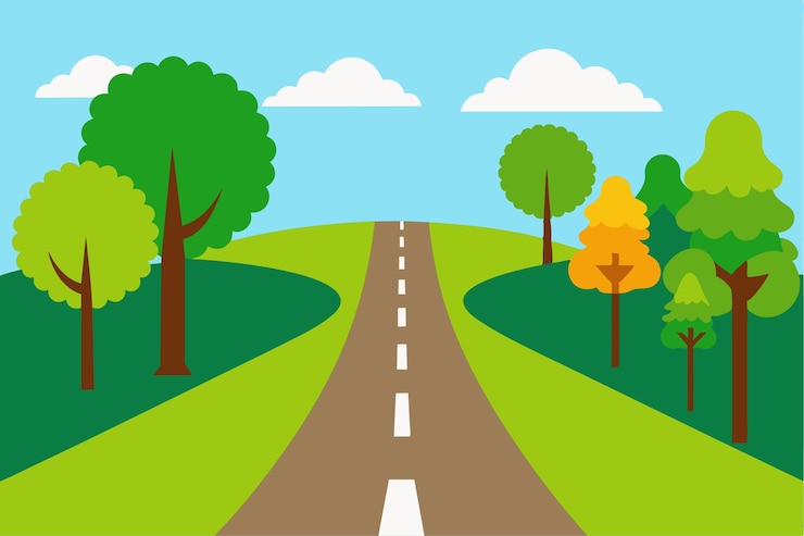 Vector a painting of a road with trees and a road