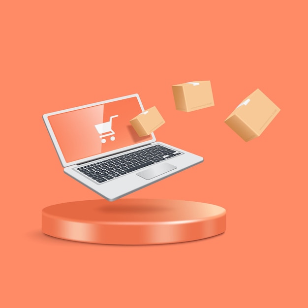 A parcel box floats from a laptop computer with shopping cart icon on screen and all objects float on a spherical podiumvector 3d isolated on pastel orange background for and online shopping concept