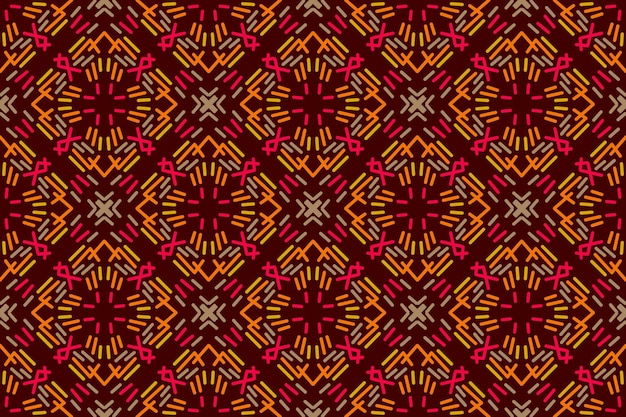 a pattern of colored geometric shapes on a dark red background