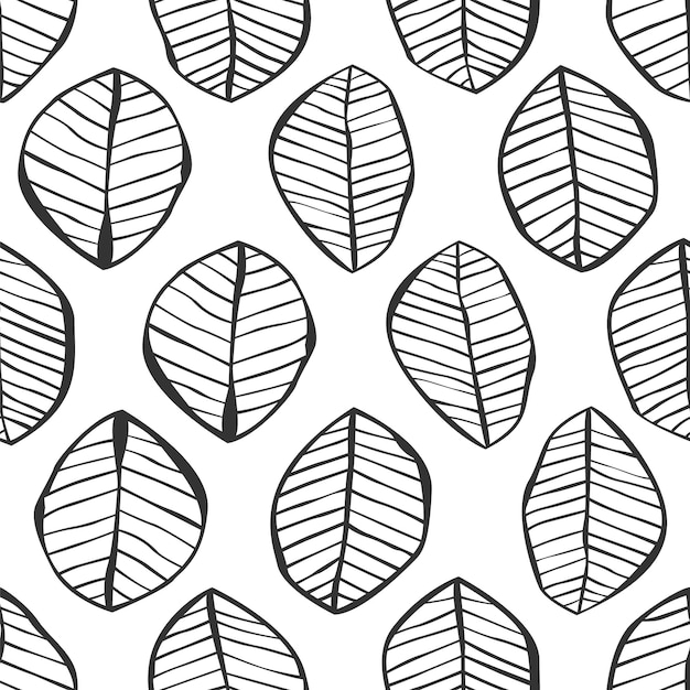 a pattern of leaves that are drawn in black and white