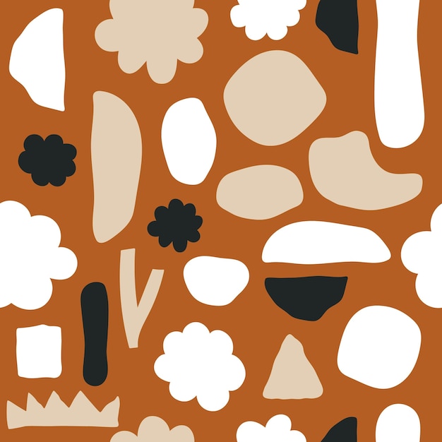 A pattern with black and white shapes and flowers.