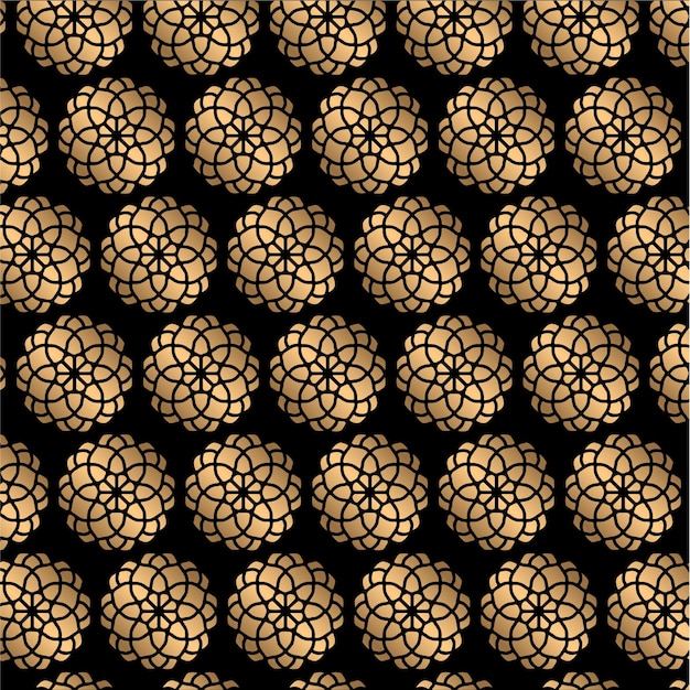 A pattern with gold circles and the word ramadan on a black background.