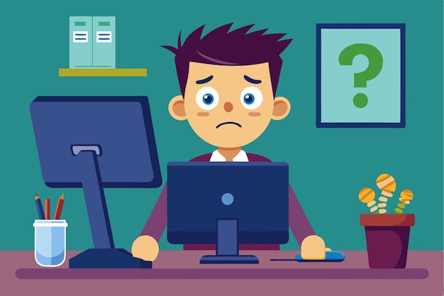 A perplexed character sits at a desk staring blankly at a computer screen in a small office setting Low energy dead end confused character in front of computer