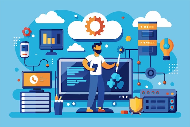 A person engages in computer network troubleshooting with digital tools and graphs in a vibrant setting Computer network troubleshooting illustrated in a flat style