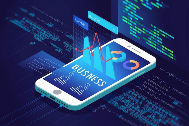 a phone with a graphic of a graph that says business