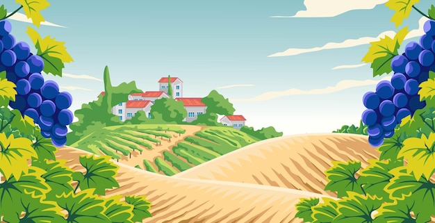 A picturesque vineyard with houses on a hill framed by ripe purple grapes