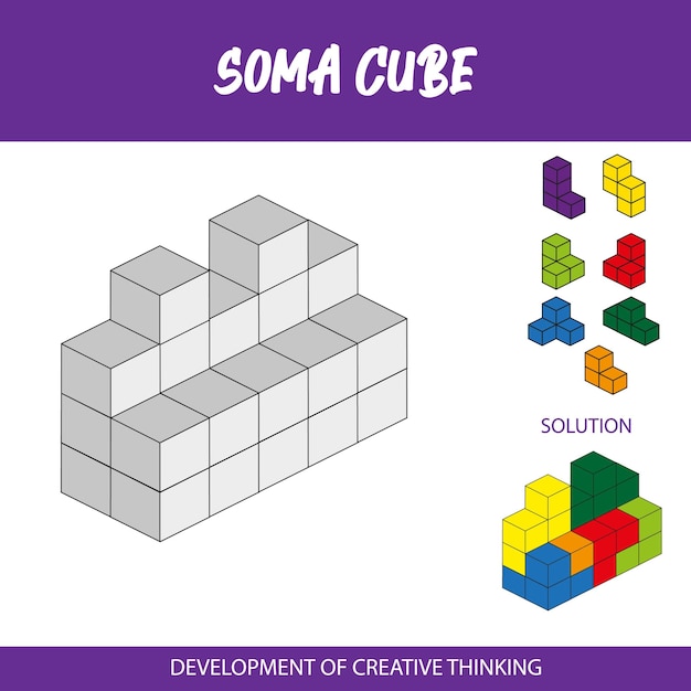 a poster for soma cube shows a cube and solution.