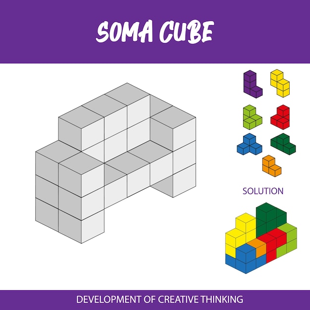 a poster for soma cube shows a cube and solution.