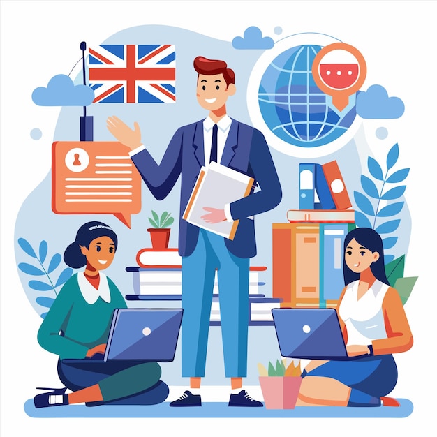a poster of a man and two women with laptops and a globe on the top