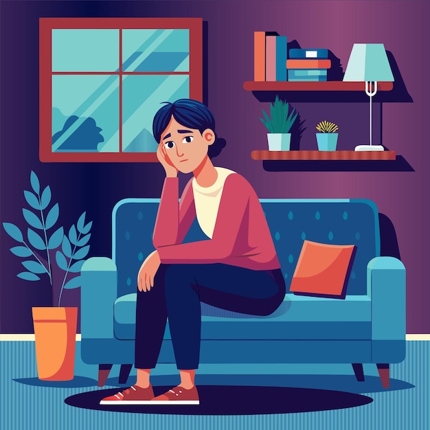a poster of a woman sitting on a couch with a sad face